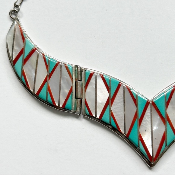 Vintage Signed Zuni Turquoise Mother Pearl Coral Inlay Sterling Silver Necklace - Picture 9 of 15